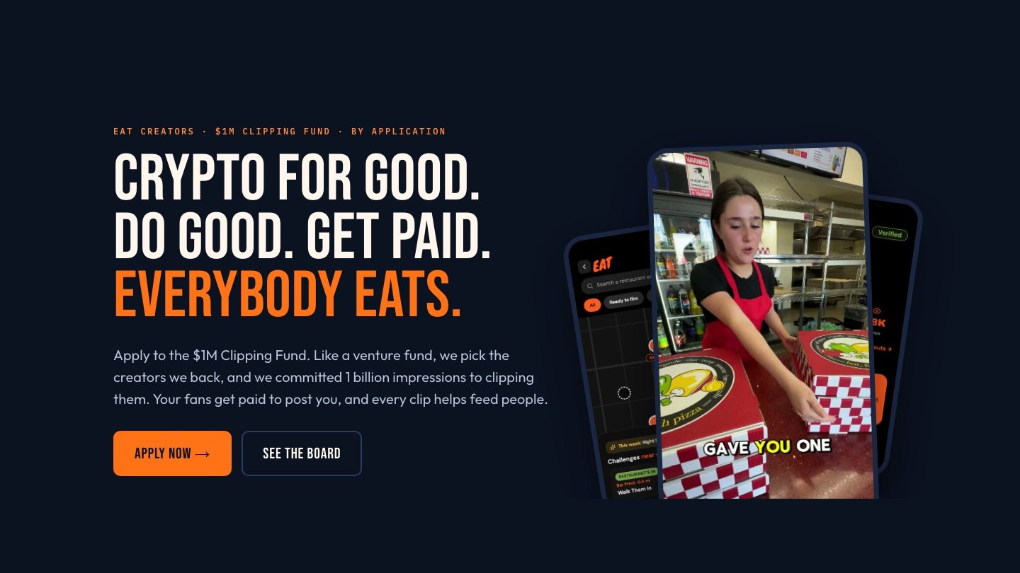 The fund.eat.ong hero: Crypto for good. Do good. Get paid. Everybody EATs. Apply now.