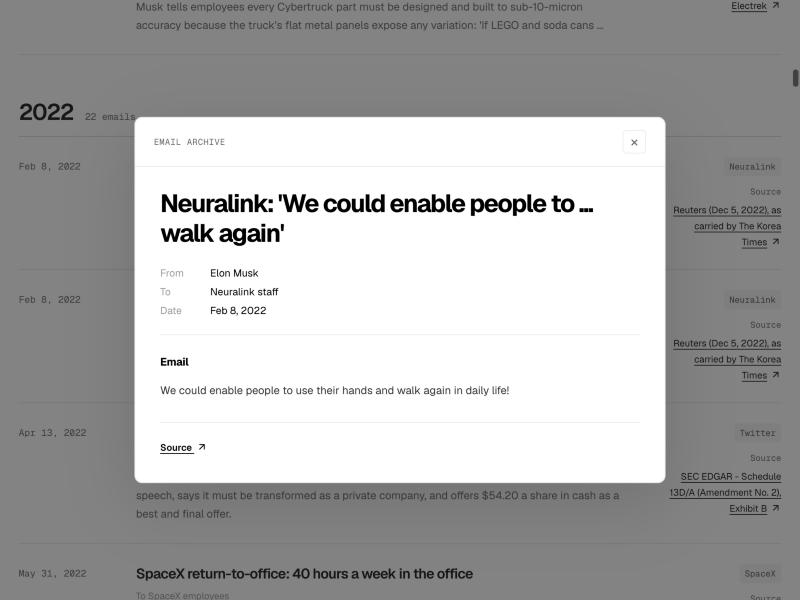 February 2022 email from Elon Musk to Neuralink staff about enabling people to use their hands and walk again.